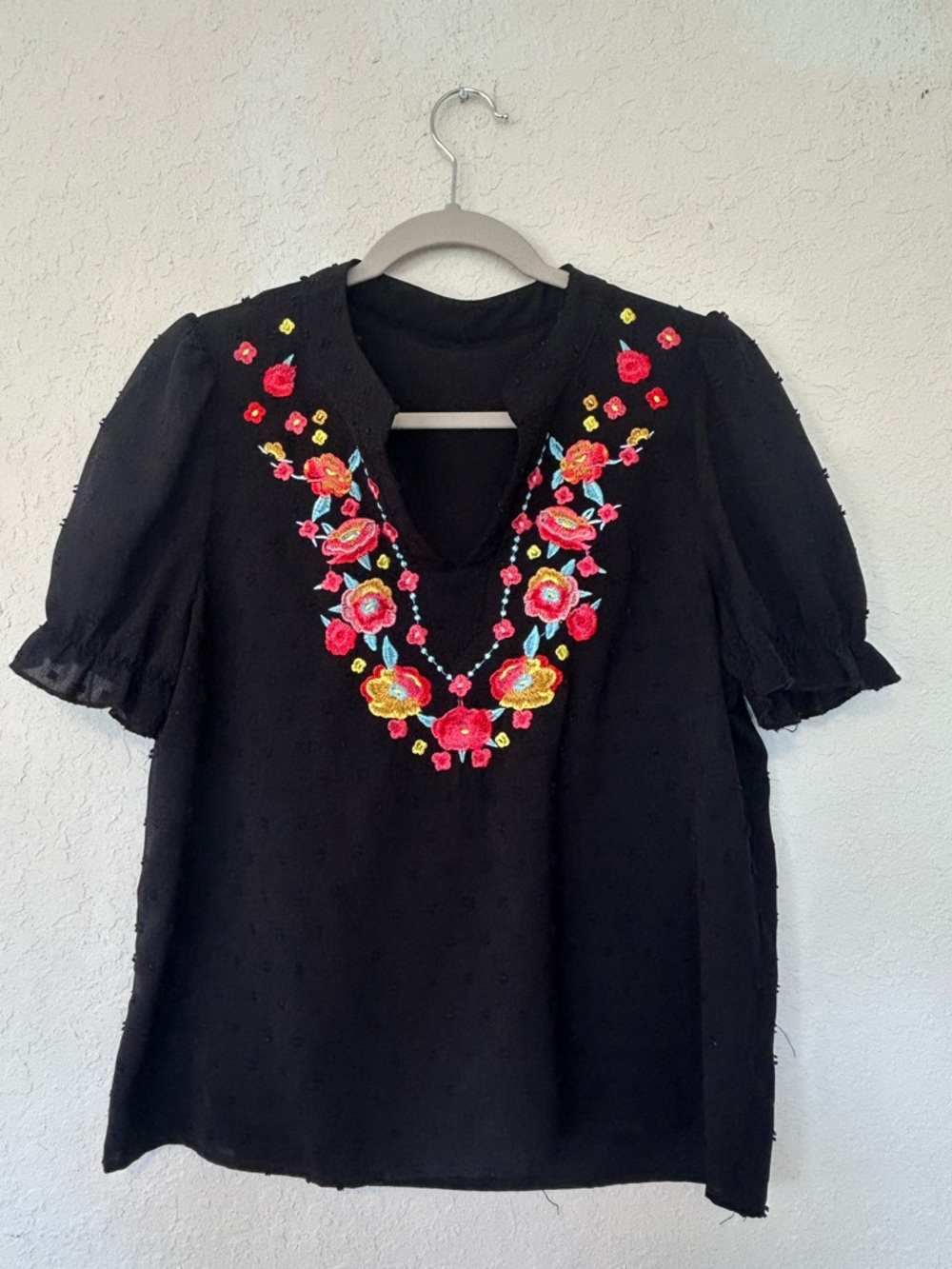 Boho Folk Inspired SHEIN Black V-Neck Top with Colorful Floral Embroidery